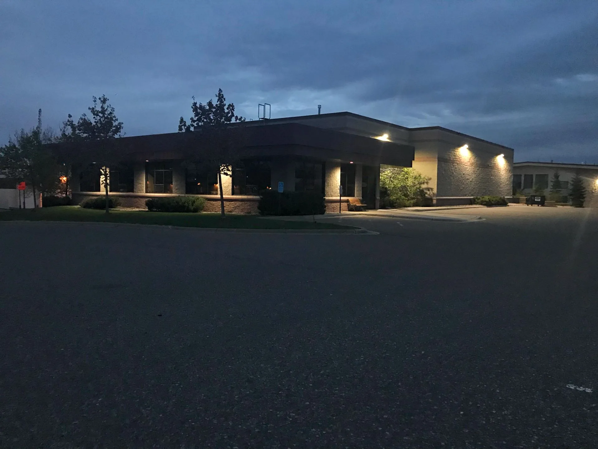 Infinity Group office and warehouse, Long Lake, MN, at night